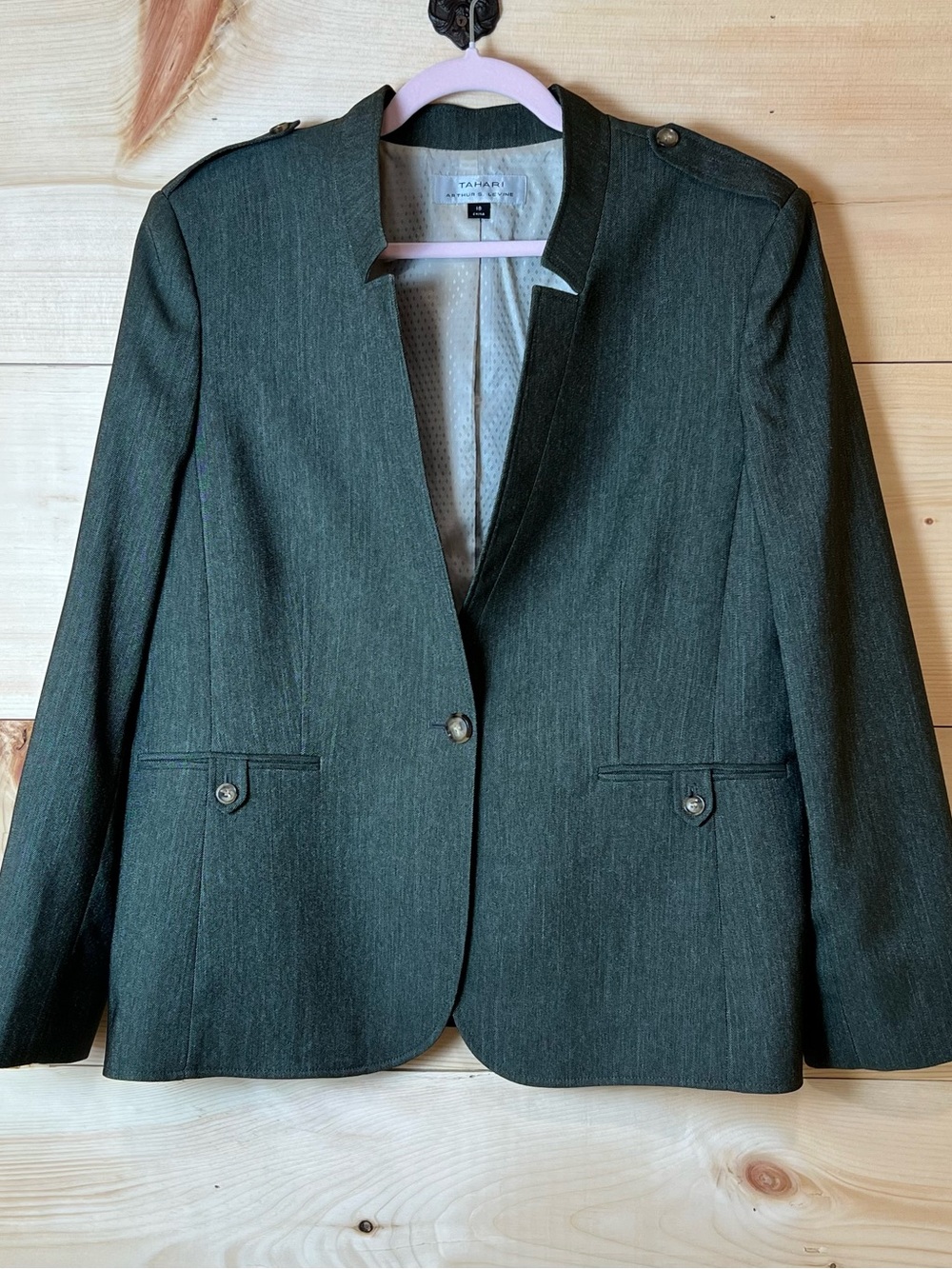 Tahari Gray-Green Military-Style Blazer w/Stand-up Collar - Power Dressing